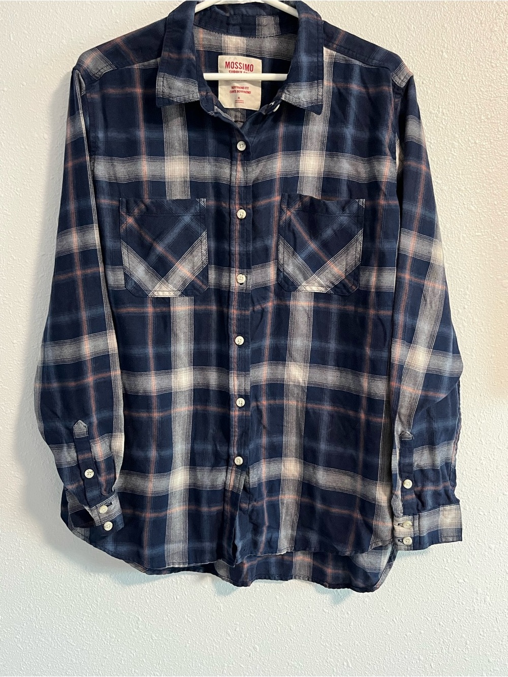 Mossimo Supply Co. Navy, White and Pink Plaid Boyfriend Fit Flannel Size XL